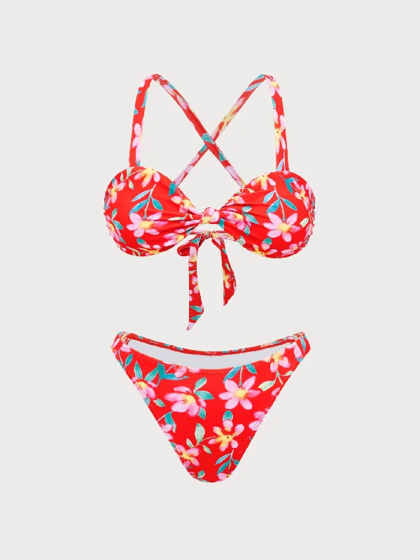 Seasonal Fashion Red Floral Criss-Cross Bikini Set
