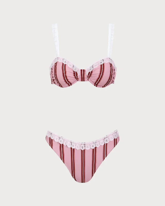 Quality Wear Pink Striped Underwired Lace Bikini Set