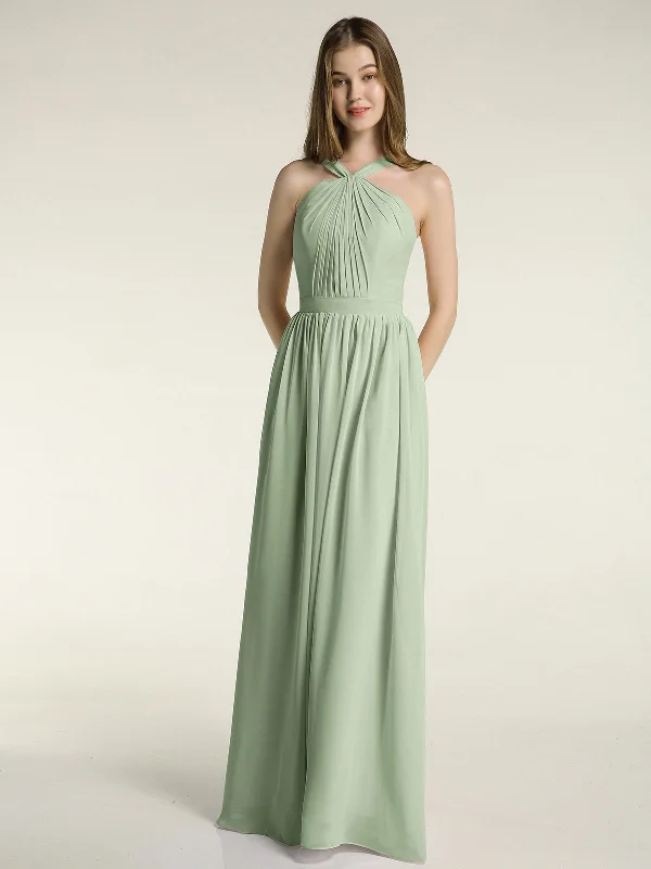 Sleek Design Y-neck Long Chiffon Bridesmaid Dresses-Dusty Sage