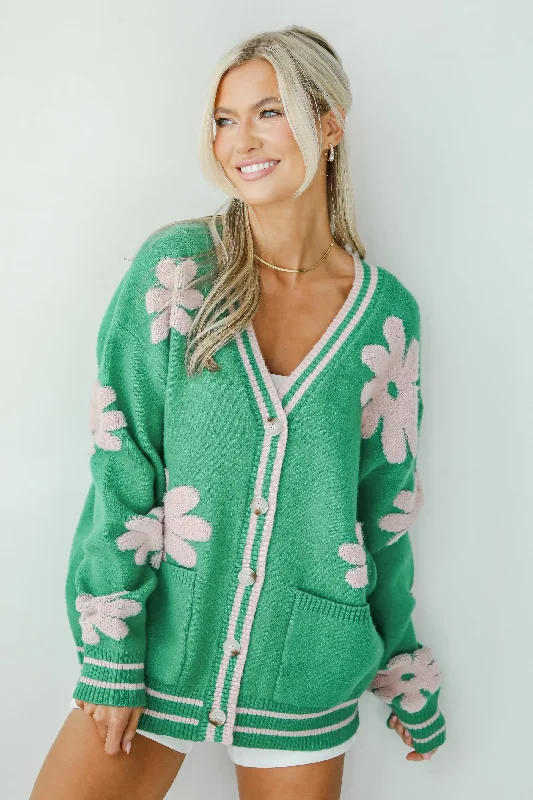 Casual Weekend Relaxed Style Luxe Cuteness Green Floral Sweater Cardigan