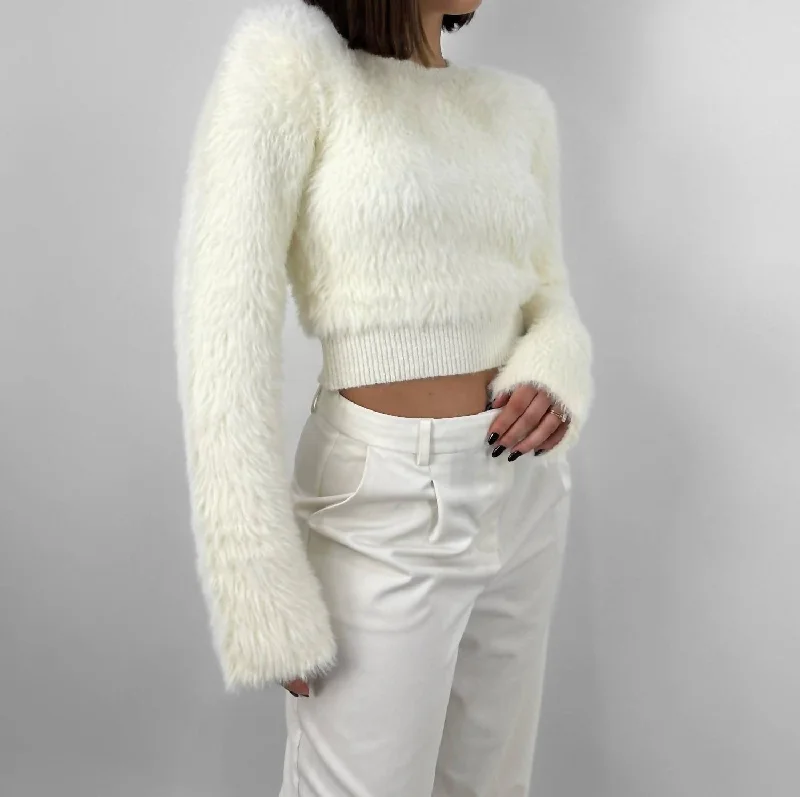Y2K Nostalgic Fashion Look Women's Trendy Clothing Cropped Wide Sleeve Fuzzy Sweater In Cream
