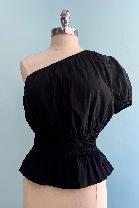 Odd Size Clearance Sale Black One-Shoulder Smocked Waist Top