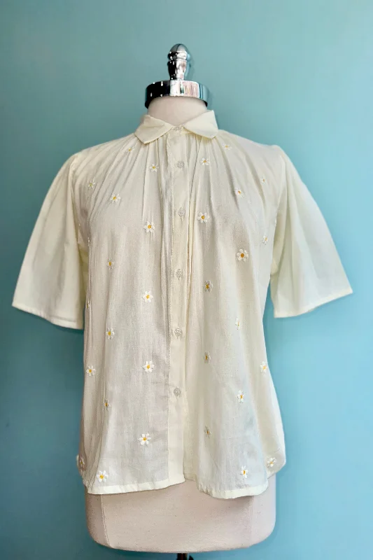 Chic Wardrobe Essentials Yellow Daisy Puff Sleeve Button Down Top by Compania Fantastica
