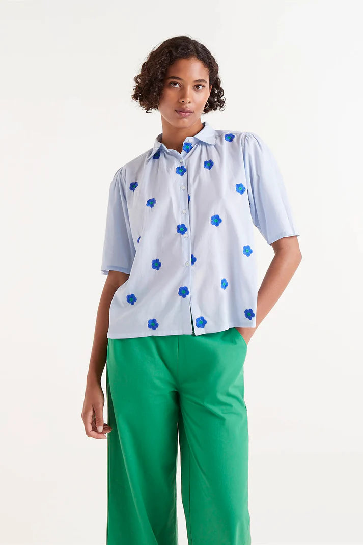 Wardrobe Update Blue Flower Puff Sleeve Button Down Top by Compania Fantastica