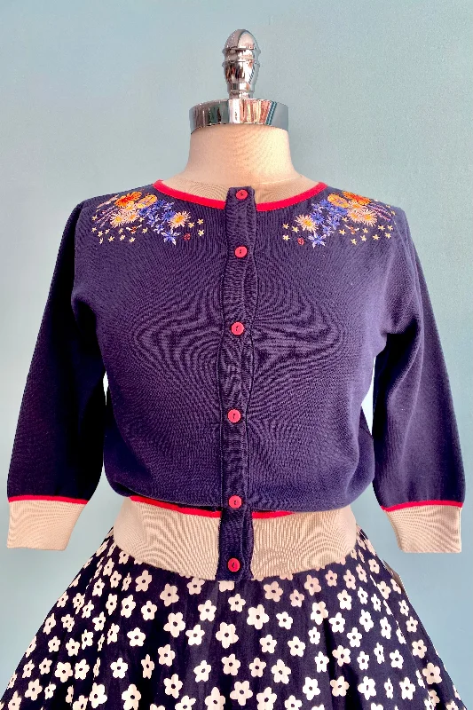 Vintage Retro Party Wear Navy Edible Flowers Vera Cardigan by Palava