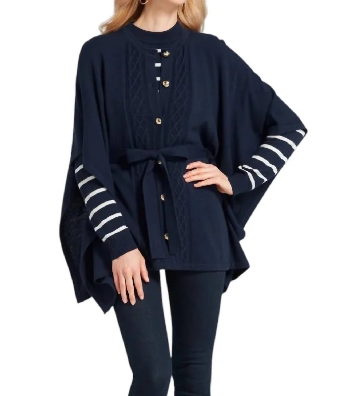 Timeless Elegant Women's Professional Garments Cable Knit Sweater Cape In Nassau Navy