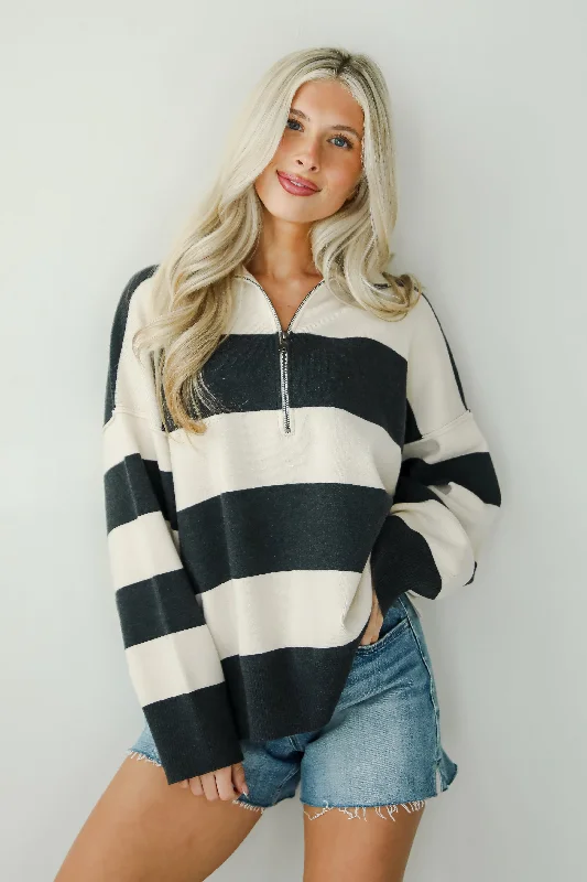 Women's Fashion Hotspots Open Book Cream Striped Collared Sweater