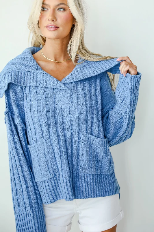 Comfort Meets Fashion Happy Aesthetic Blue Collared Sweater