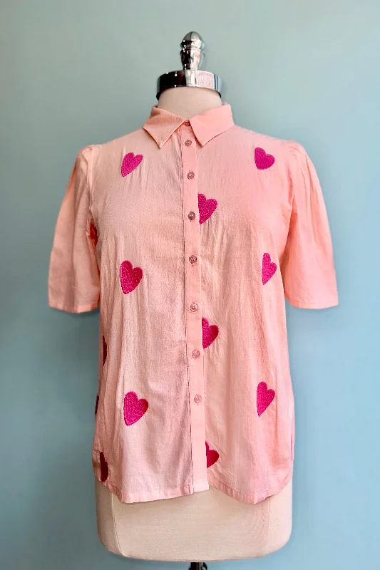 Chic Styles Pink Heart Puff Sleeve Button Down Top by Compania Fantastica