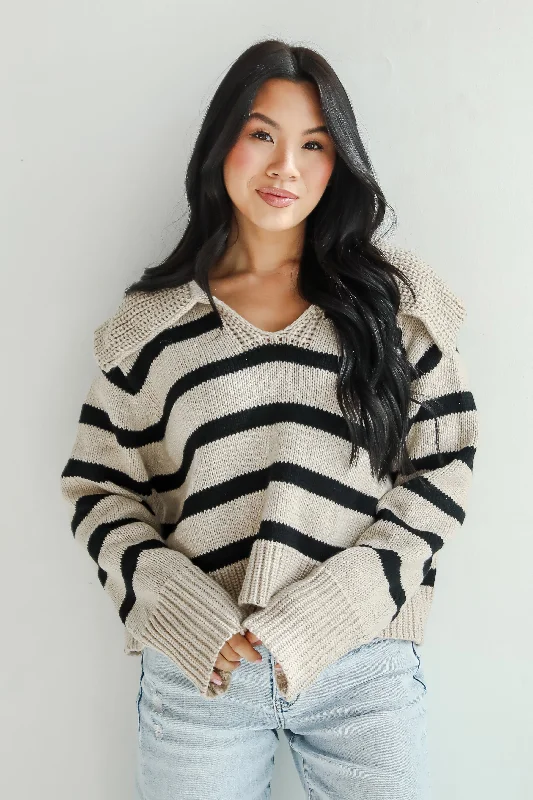 Fashion Frontiers Coziest Cuddles Beige Striped Collared Sweater