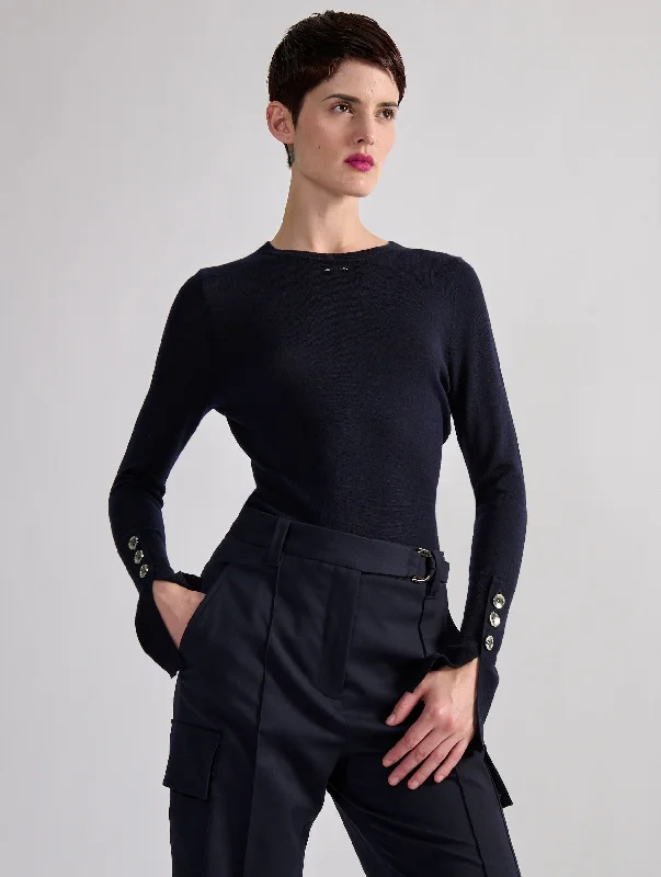 Chic & Cozy Collection Navy knitted sweater with buttoned cuffs