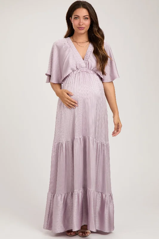 Seasonal Picks Lavender V-Neck Flutter Sleeve Tiered Maternity Maxi Dress
